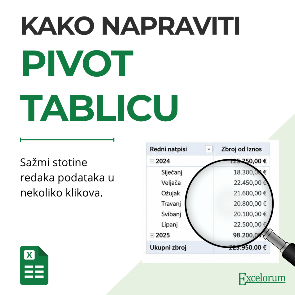 Excelorum – Pivot tablica u Excelu za brzo sažimanje i analizu većeg broja podataka.