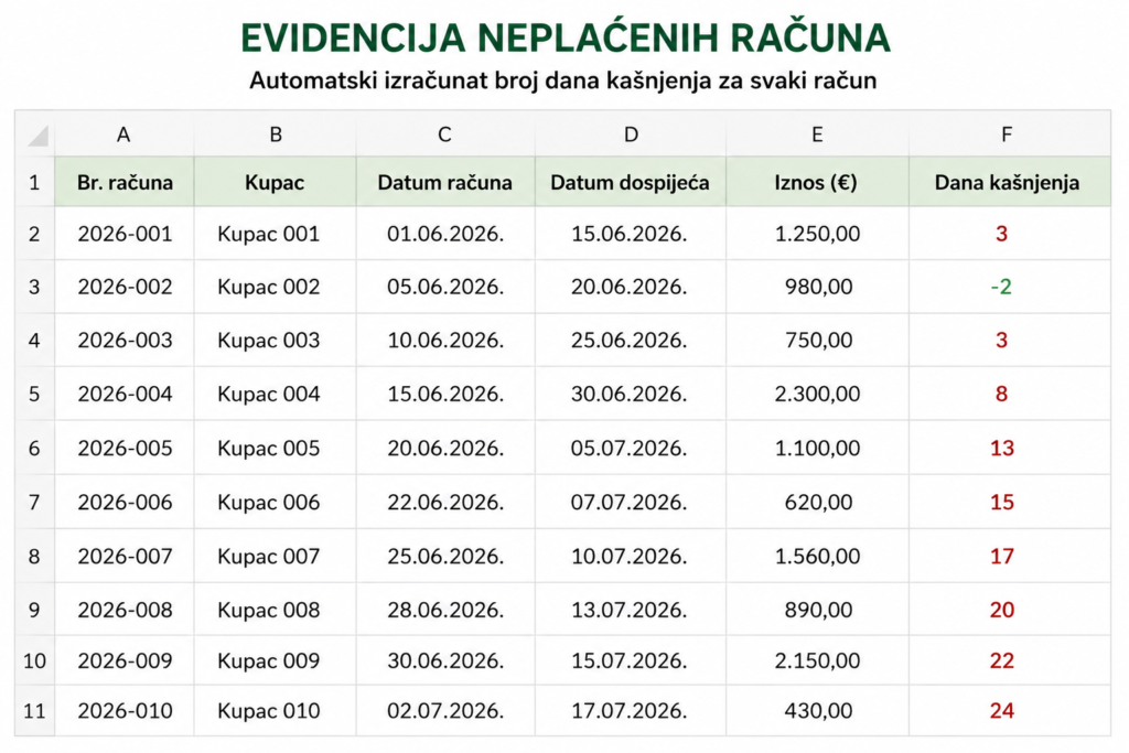 Excelorum – Evidencija neplaćenih računa s automatski izračunatim brojem dana kašnjenja za svaki račun.