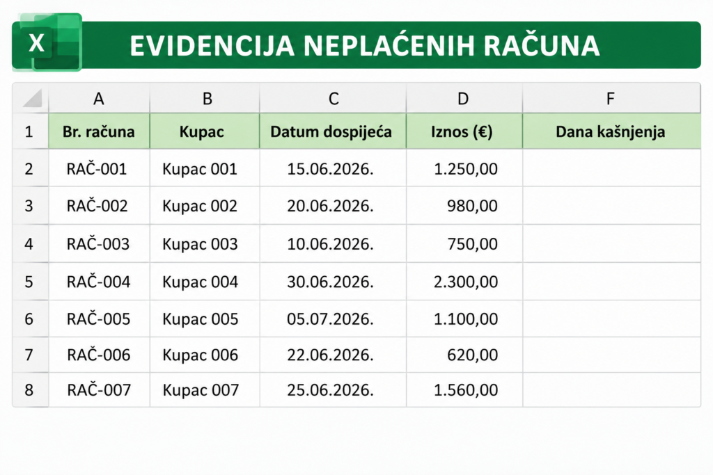 Excelorum – Evidencija neplaćenih računa s različitim datumima dospijeća i praznim stupcem Dana kašnjenja.