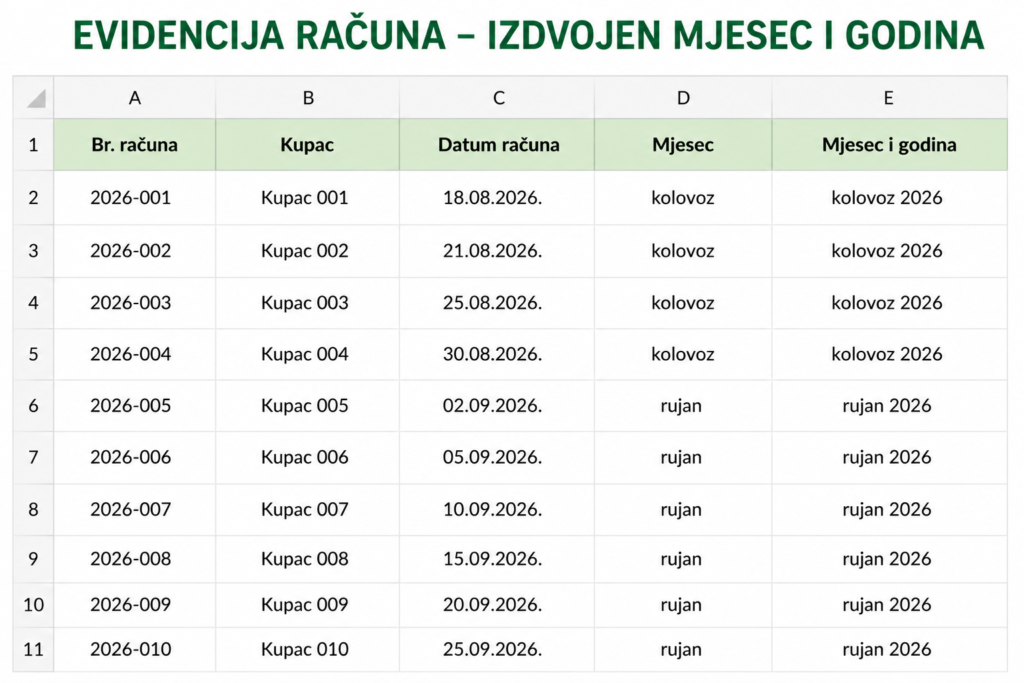 Evidencija računa s automatski izdvojenim mjesecom i godinom iz datuma u Excelu.