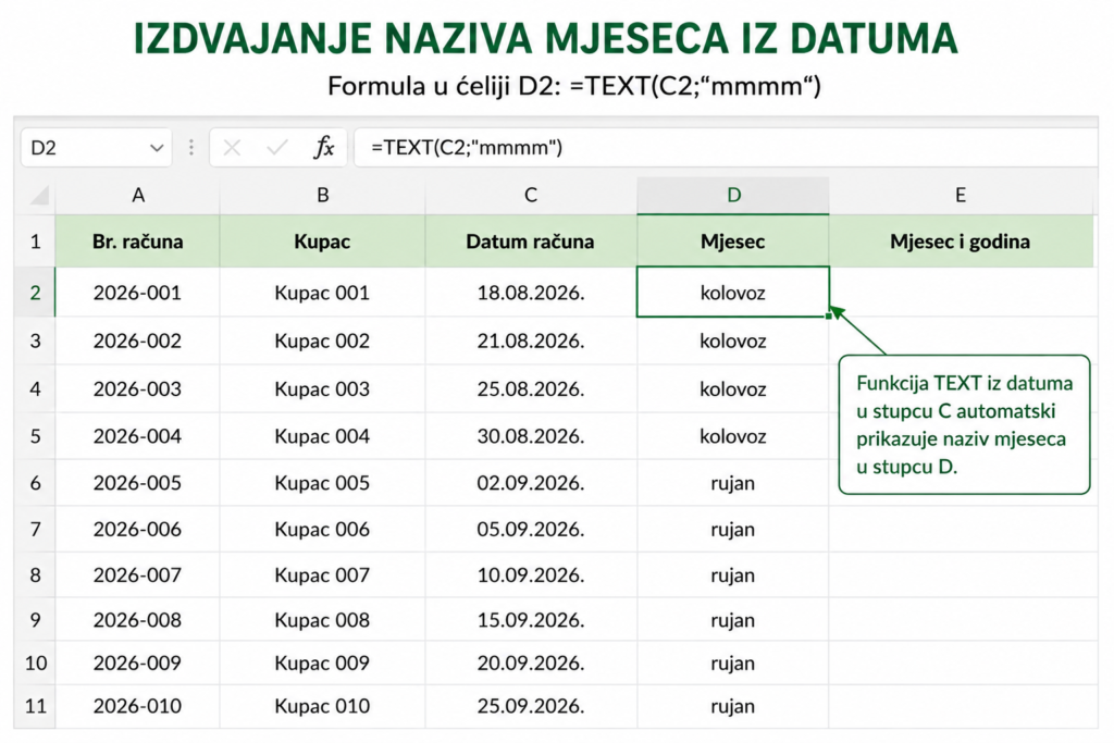 Excelorum – Izdvajanje naziva mjeseca iz datuma u Excelu pomoću funkcije TEXT.