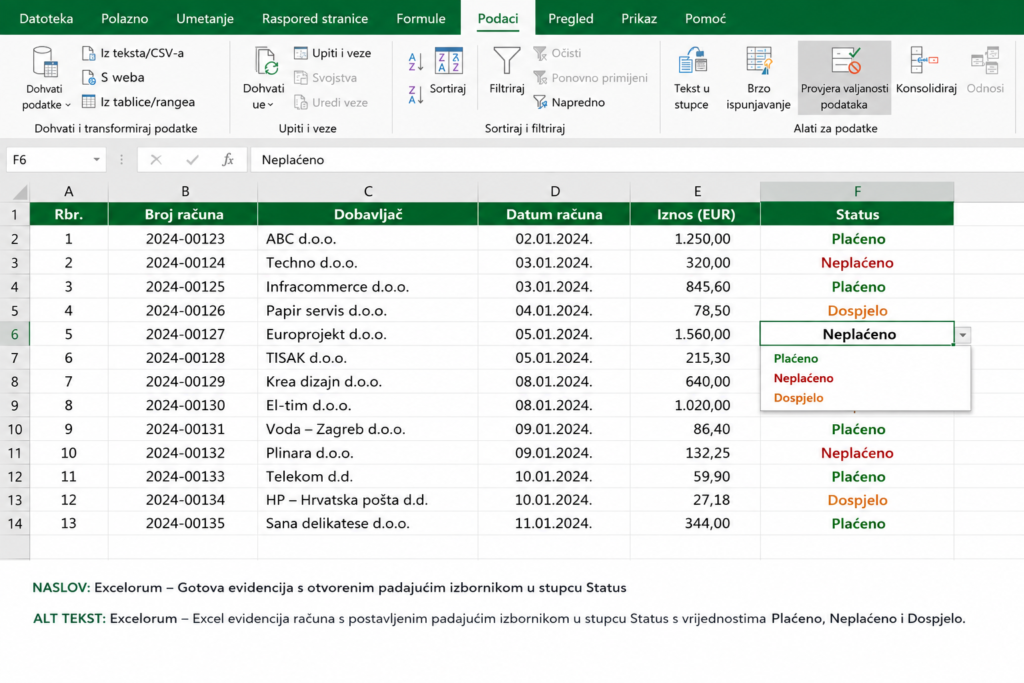 Excelorum – Excel evidencija računa s otvorenim padajućim izbornikom u stupcu Status i ponuđenim vrijednostima Plaćeno, Neplaćeno i Dospjelo.