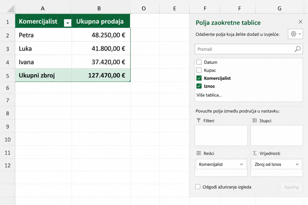Excelorum – Excel Pivot tablica s pregledom ukupne prodaje po komercijalistima