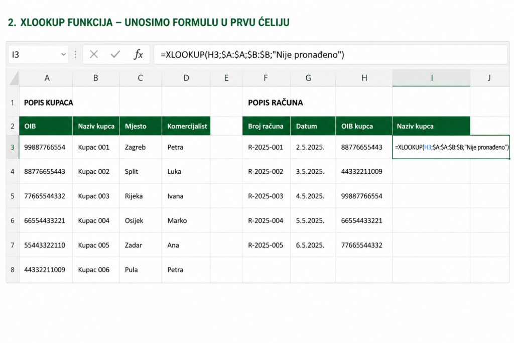 Primjer unosa XLOOKUP funkcije u Excelu za pronalazak naziva kupca prema OIB-u