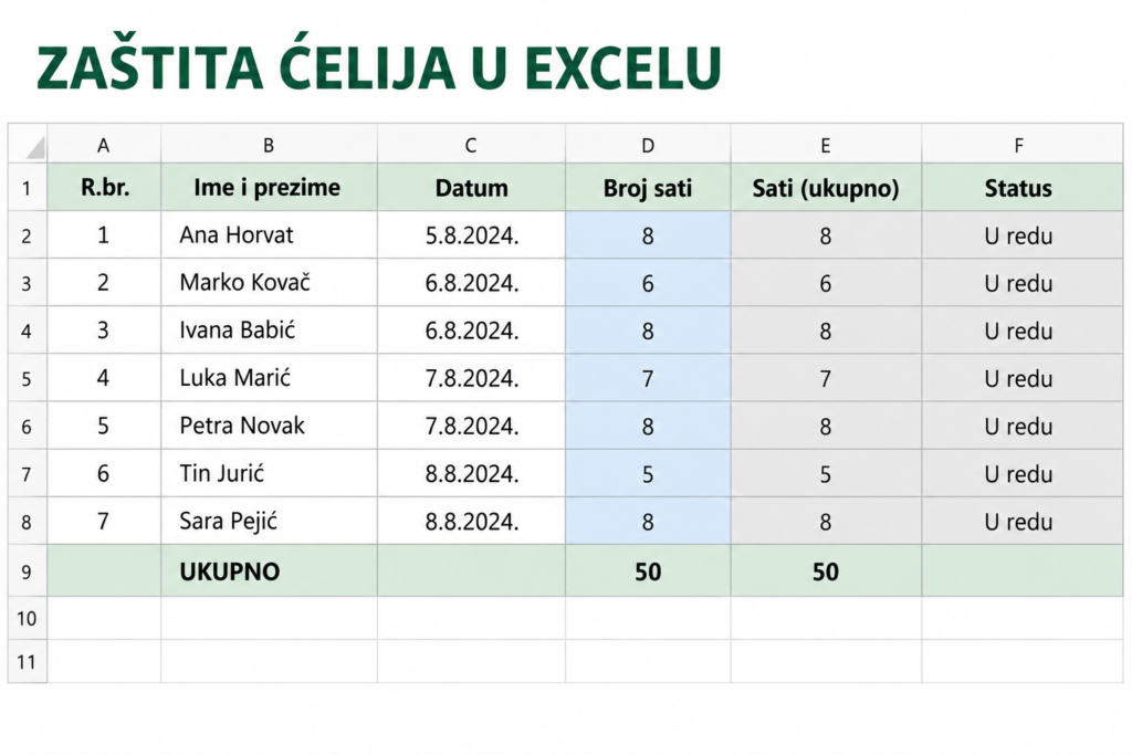 Excelorum – Excel tablica s ćelijama za unos podataka i ćelijama s formulama koje treba zaštititi od izmjena